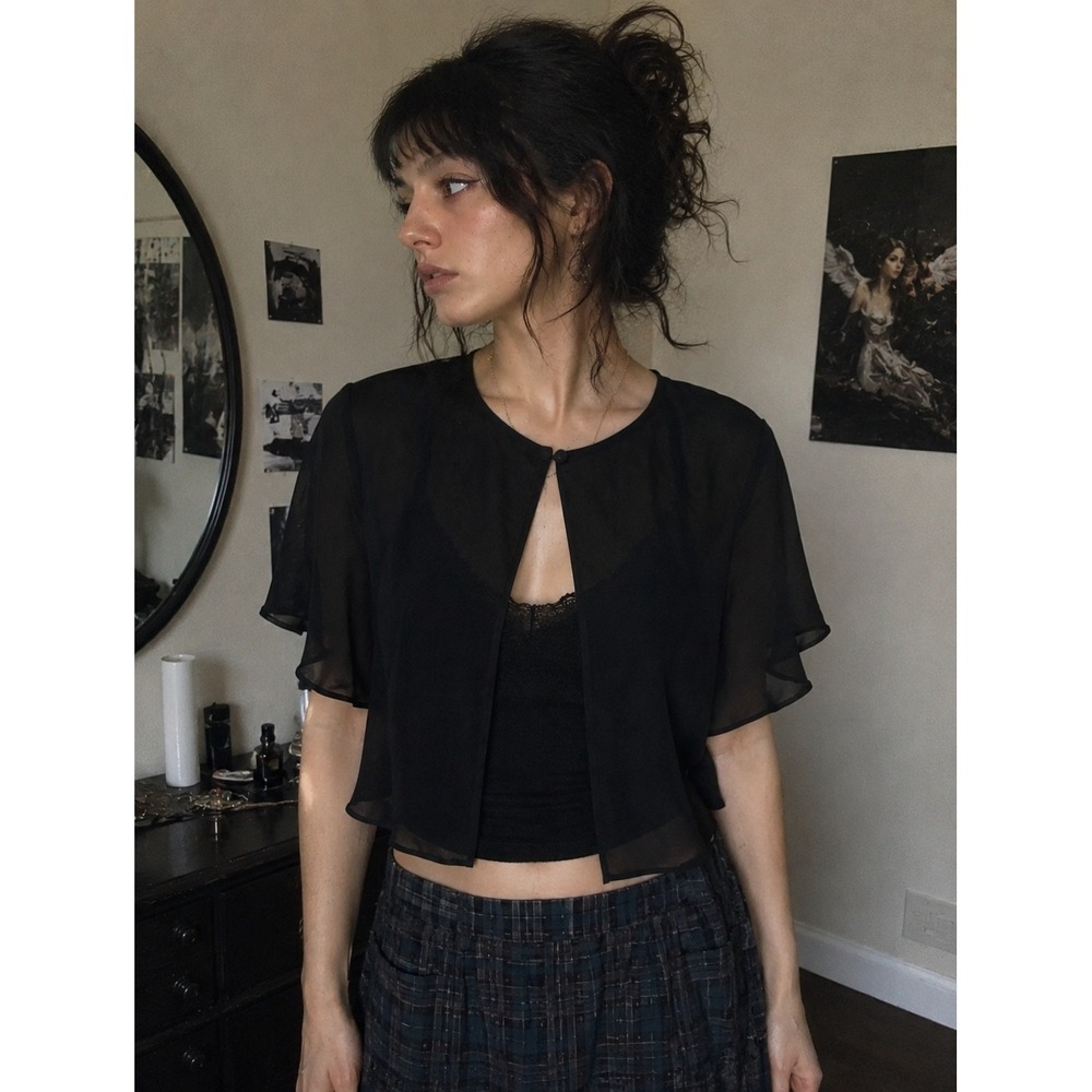 Vintage Whimsigoth Sheer Black Cropped Capelet Jacket Short Flutter Sleeve- 6